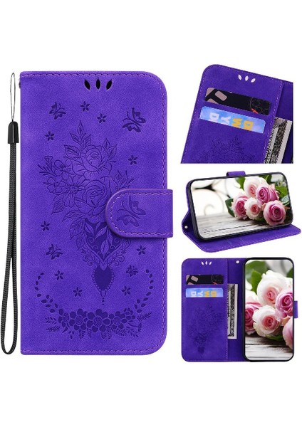 Xiaomi Poco F6 Pro Kabartma Gül Çiçekler Cüzdan Kılıf Kart Yuvaları Pu (Yurt Dışından)