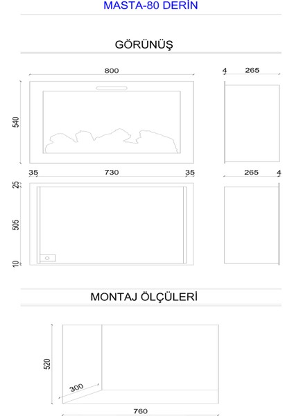 Masta 80 Derin - Isıtmasız Elektrikli Şömine Tek Renkli Cam Çerçeveli