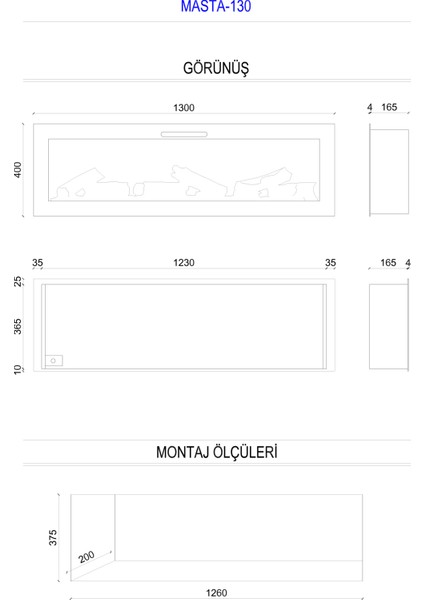 Masta 130 - Isıtmasız Elektrikli Şömine Sınırsız Renkli Cam Çerçeveli modelleri