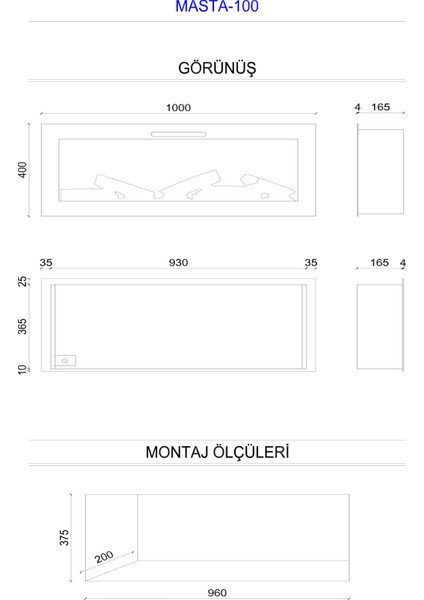 Masta 100 - Isıtmasız Elektrikli Şömine Sınırsız Renkli Cam Çerçeveli