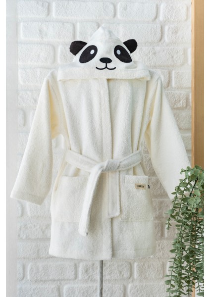 Pamuklu Kapüşonlu Panda Nakışlı Çocuk Bornozu Unisex