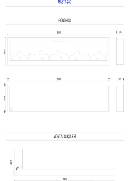 Masta 240 - Isıtmasız Elektrikli Şömine Sınırsız Renkli Cam Çerçeveli