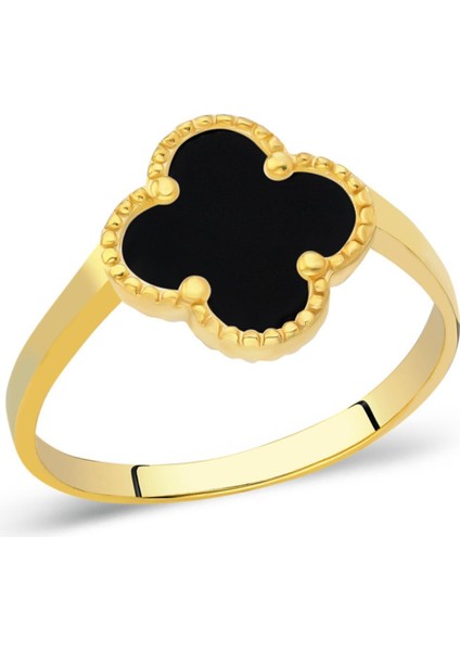 Siyah Taşlı Yonca Yüzük