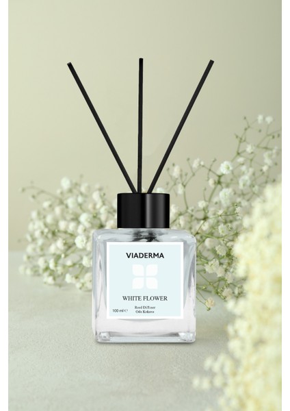 Kare Şişe Beyaz Çiçek Esansı Bambu Çubuklu Oda Kokusu 100 ml