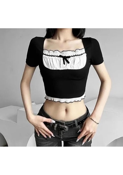 Y2K Tech Açık Yaka Streetwear Büzgülü Yaka Retro Crop Bluz modelleri