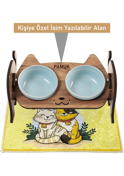 Ahşap Özel Isim Baskılı Kedi Mama Seramik Su Kabı Standı Hediye Kedi Halısı