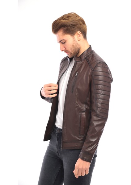 Hakim Yaka Koyu Kahverengi Erkek Biker Deri Ceket