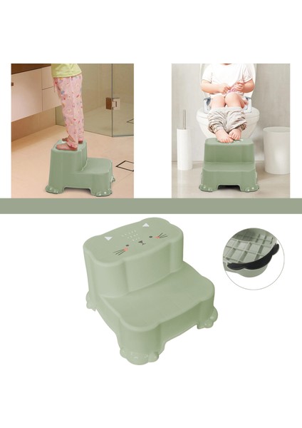 Kaydırmaz Çocuk Taburesi - Çift Basamaklı Banyo Lavabo Merdiven Yükseltici Bebek Basamağı Yeşil