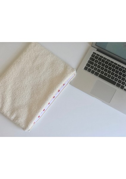 Kangaroo Collection 13 inç Ekru renk Tedy kumaş Notebook Çantası, Yumuşak Bilgisayar Çantası, Kalpli astarlı Laptop çantası, Laptop kılıfı, Bilgisayarçantası