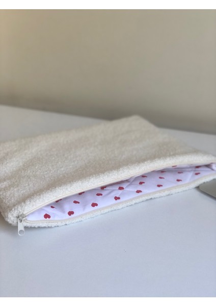 Kangaroo Collection 13 inç Ekru renk Tedy kumaş Notebook Çantası, Yumuşak Bilgisayar Çantası, Kalpli astarlı Laptop çantası, Laptop kılıfı, Bilgisayarçantası