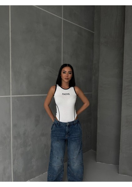 Y2K Tech Beyaz Racing Çıtçıtlı Zıbın Body indirimleri