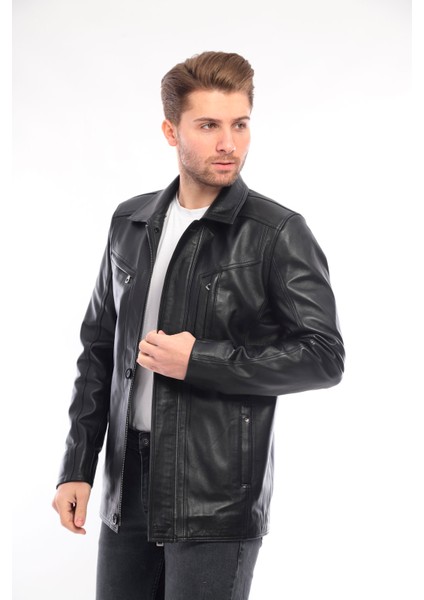 Erkek Siyah Deri Biker Ceket