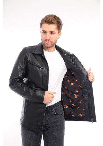 Erkek Siyah Deri Biker Ceket