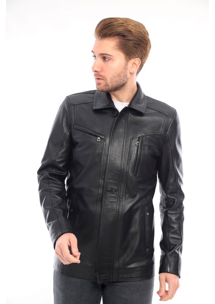 Erkek Siyah Deri Biker Ceket