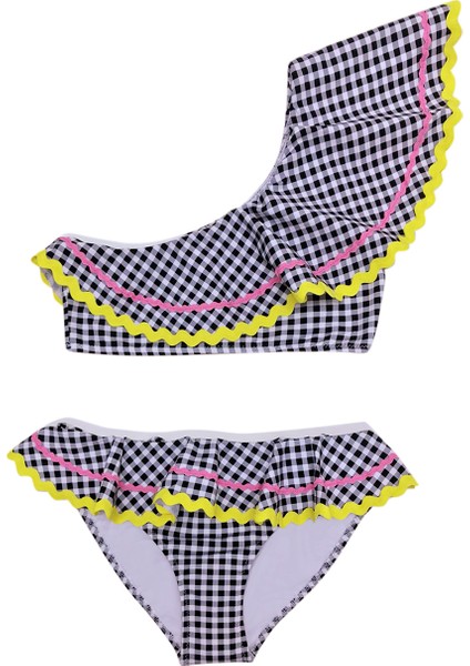 Tek Omuz Siyah-Beyaz Ekose Desenli, Fırfırlı, Renkli Su Taşı Detaylı 50UV Kız Çocuk Bikini Takımı BY NESSI BYRD