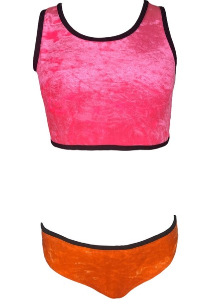 Kadife Çapraz Bağlama Detaylı Neon Turuncu Pembe Kız Çocuk Bikini by Nessi Byrd