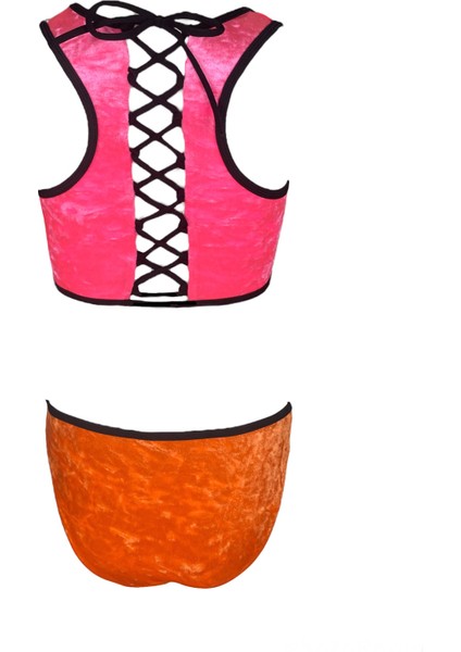 Kadife Çapraz Bağlama Detaylı Neon Turuncu Pembe Kız Çocuk Bikini by Nessi Byrd fiyatları