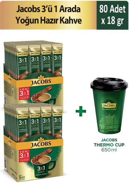 3'ü 1 Arada Yoğun Hazır Kahve 40'lı x 2 Adet + Thermo Cup 650 ml
