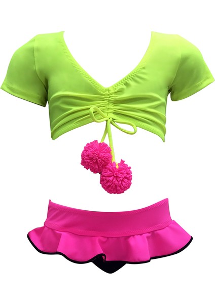 V Yaka Kısa Kollu Büzgülü Ponpon Detaylı 50UV Kız Çocuk Bikini Takımı BY NESSI BYRD