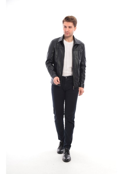 Siyah Erkek Polo Yaka Deri Ceket