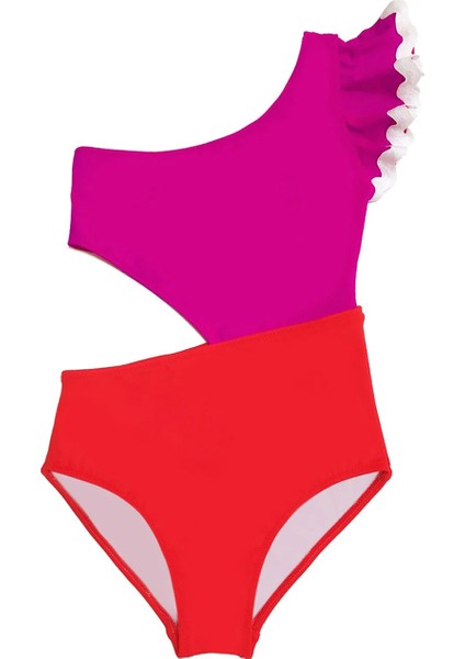Tek Omuz Su Taşı - Fırfır Kol Detaylı Cut-out Pembe 50uv Kız Çocuk Mayo by Nessi Byrd