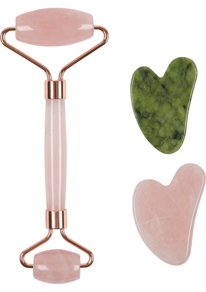 Gua Sha Pembe Kuvars Face Roller , Pembe Kuvars Kalp ve Yeşim Kalp Gua Sha Set Sıkılaştırıcı Yeşil