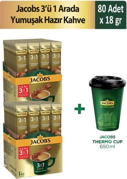 3'ü 1 Arada Yumuşak Hazır Kahve 40'lı x 2 Adet + Thermo Cup 650 ml