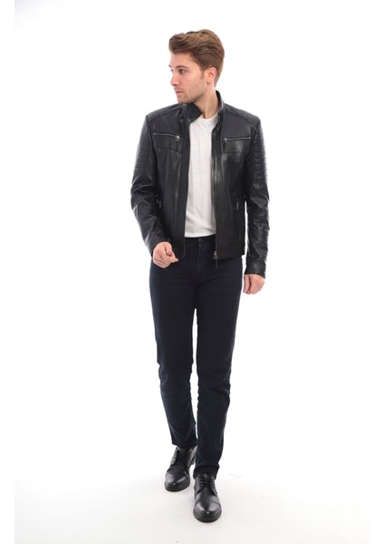 Hakim Yaka Omuz Çizgili Hakiki Erkek Deri Ceket modelleri