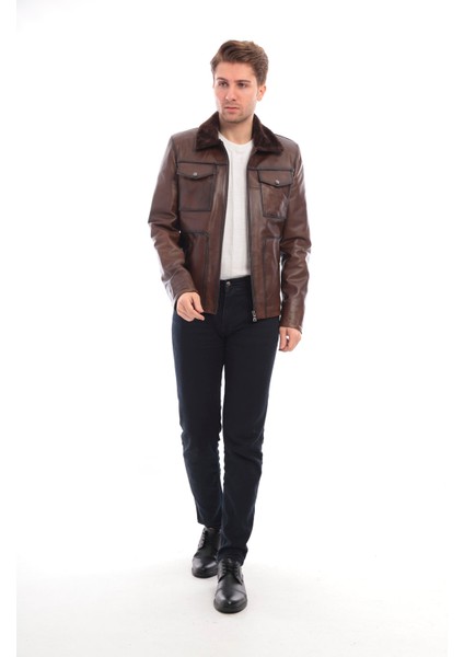 Kürk Yaka Erkek Deri Ceket Deri Mont