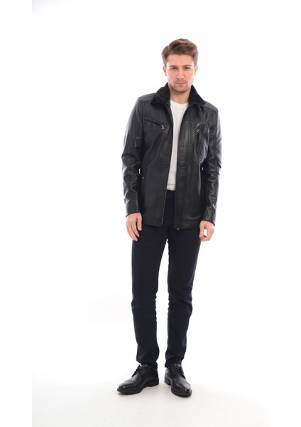 Kürk Yaka Siyah Erkek Deri Ceket