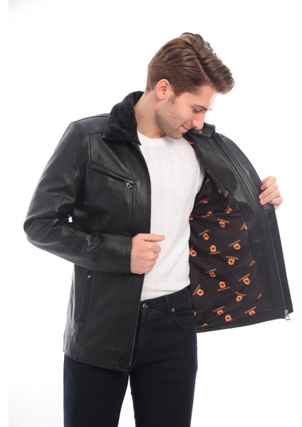 Kürk Yaka Siyah Erkek Deri Ceket modelleri