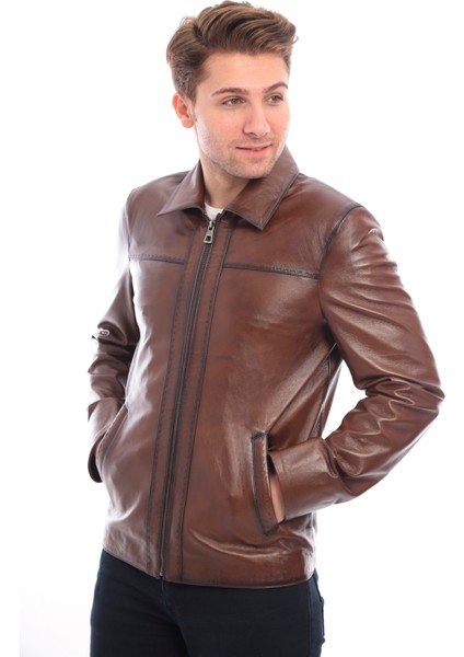Kahverengi Bebe Yaka Hakiki Erkek Deri Ceket