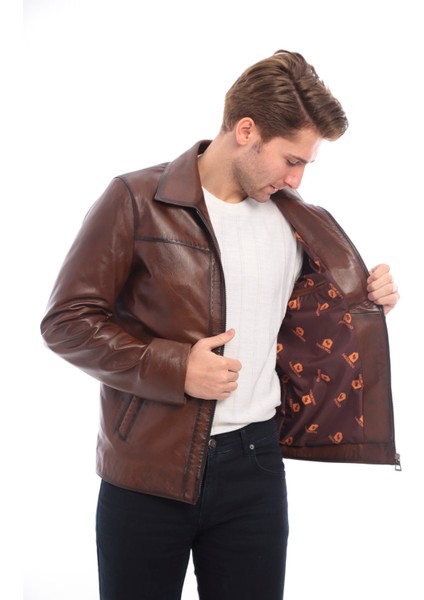 Kahverengi Bebe Yaka Hakiki Erkek Deri Ceket modelleri