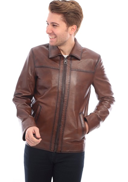 Kahverengi Bebe Yaka Hakiki Erkek Deri Ceket fırsatları