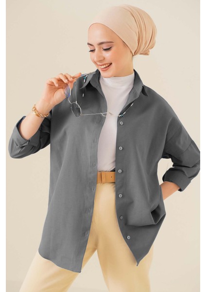 103901 Oversize Basic Tesettür Gömlek - Gri
