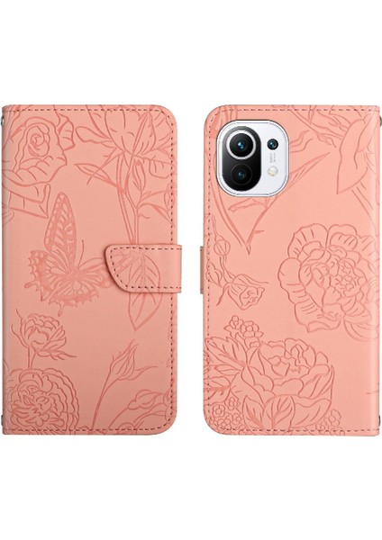 Bilek Kayışı Çiçekler ve Kelebekler Deri ile Xiaomi 11 Lite Için Kılıf (Yurt Dışından)