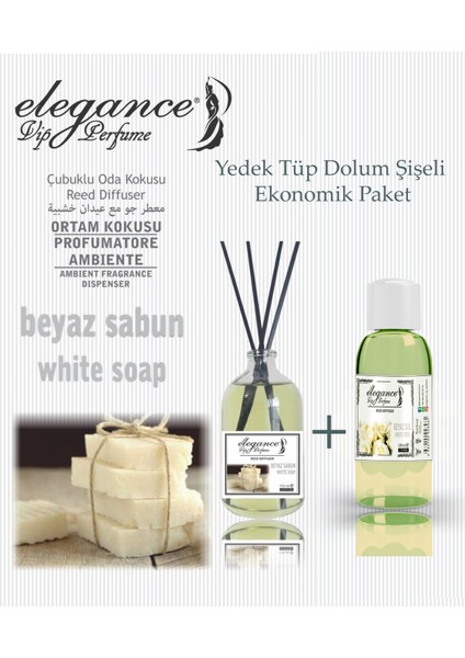 Elegance Vip Perfume Beyaz Sabun 110 ml   - Çubuklu Oda Ortam Kokusu + Yedek Tüp Dolum Şişeli