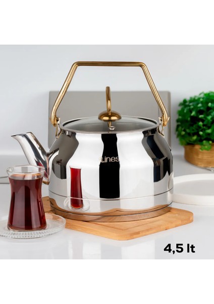 L-3076 Ayperi Paslanmaz Çelik Gold Kulp Demlik Indüksiyon Taban Çay Bitki Çayı Demliği 4,5 L
