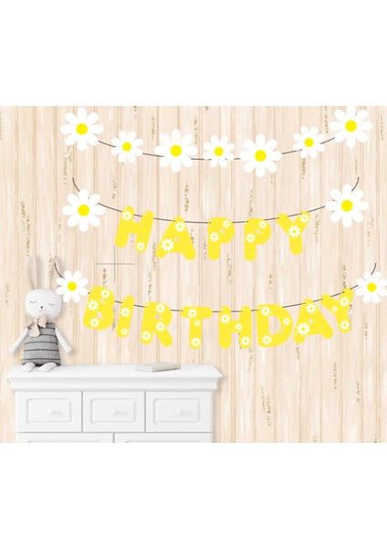25 Parça Papatya Daisy Konsept Temalı Happy Birthday Iyiki Doğdun Banner Ipli Doğum Günü Süsü