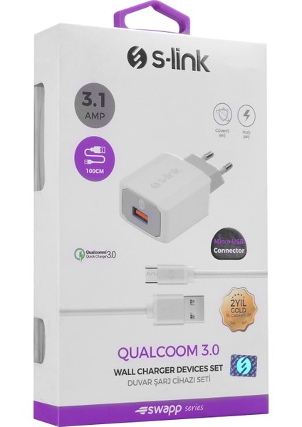 Swapp Qualcomm 3.0 Hızlı Ev Şarj Cihazı Ve Micro USB Kablo SW-QEM28B