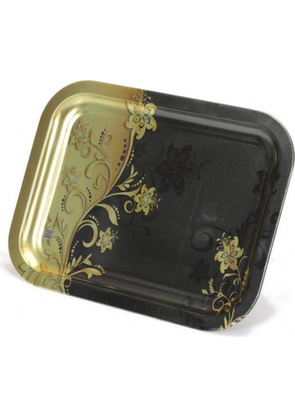 Çiçek Desenli 233x307 mm Dikdörtgen Metal Dekoratif Sunum Tepsisi - Siyah Sarı
