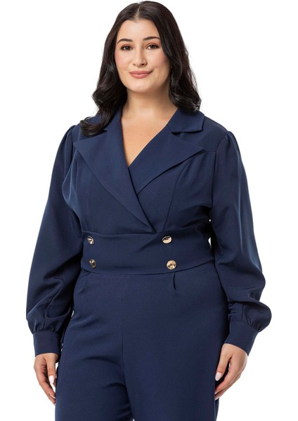 Büyük Beden Kruvaze Yaka Metal Düğmeli Fermuarlı Lacivert Tulum fiyatları