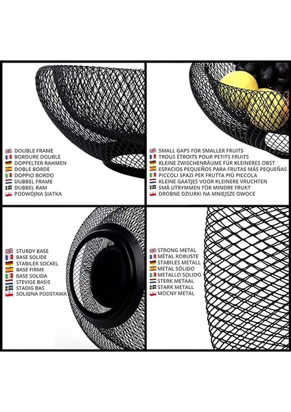 Çarşı Hanem Meyve Ekmek Aksesuar Sepeti Çift Duvarlı Siyah Metal File Atıştırmalık Sunum Kase Dekorasyon