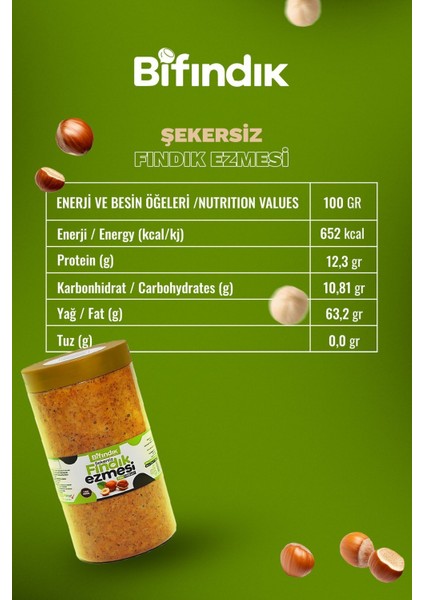 Bi Fındık Doğal Şekersiz Fındık Ezmesi  Ürün 1kg Katkısız Vegan Glutensiz Sürülebilir %100 Fındıklı