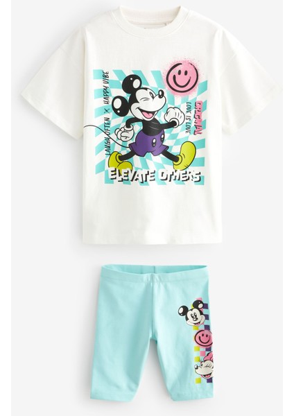 Ladin Store Yeni Sezon Kız Çocuk Mickey Mouse Baskılı Pamuklu T-Shirt ve Biker Fitilli Taytlı Alt-Üst Takım