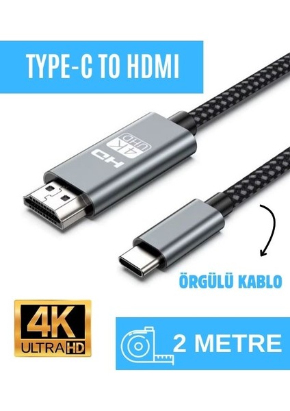 2 Metre HDMI Kablo 4K Full Hd Tv Monitör Uydu Alıcısı Pc Uyumlu Type C To HDMI Kablosu