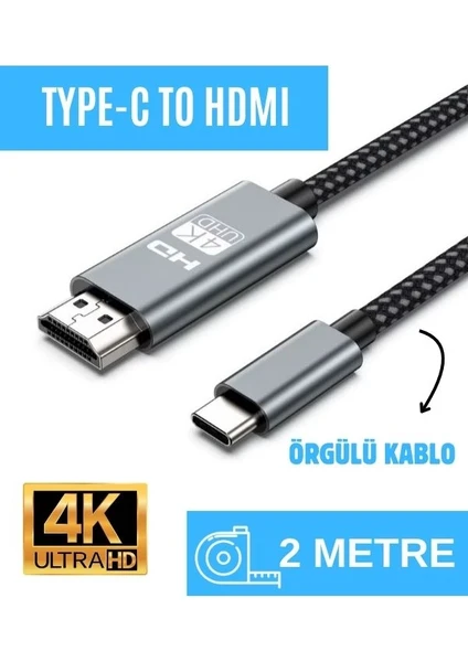 2 Metre HDMI Kablo 4K Full Hd Tv Monitör Uydu Alıcısı Pc Uyumlu Type C To HDMI Kablosu