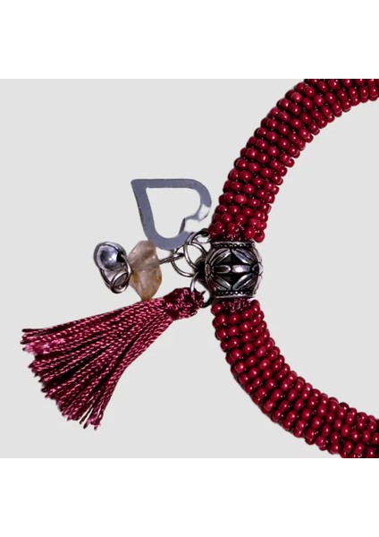El Yapımı İri Kum Boncuklu Bileklik Kalpli Püsküllü - Bordo modelleri