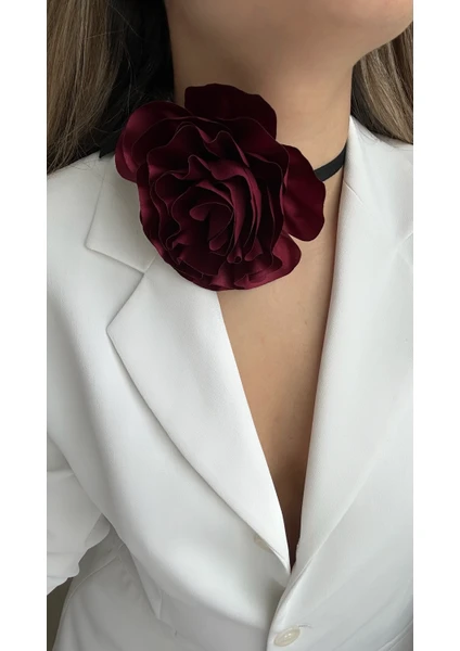 Âlâ Atelier Bağcıklı Kadife Kurdeleli Kumaş Çiçek Choker Kolye Gül Kolye