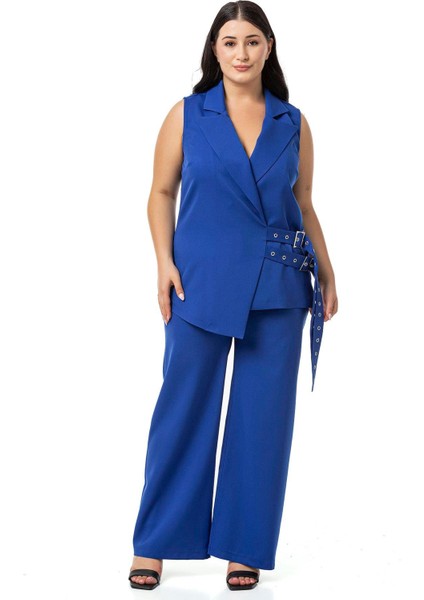 Büyük Beden Kuş Gözü Kemerli Yelek Pantolon Saks Mavi Ikili Takım